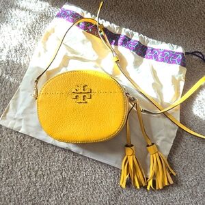 Tory Burch McGraw Round Leather Crossbody, Cassia Yellow